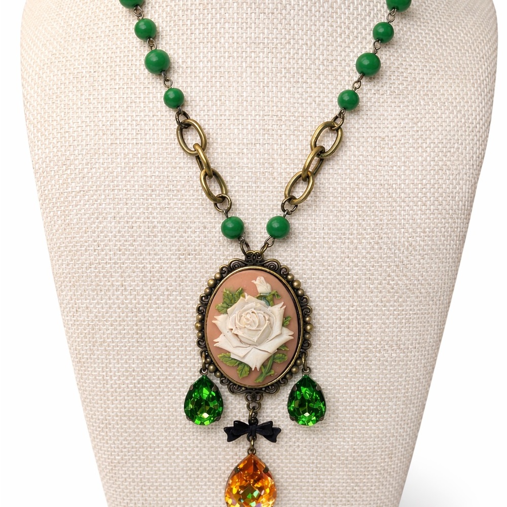 Gypsy South White Rose Elegant Green and Gold Necklace with Floral Pendant